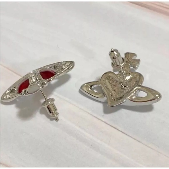 NWT! Vivienne Westwood Diamante Red Heart Orb Earrings Silver Outlet authentic - Picture 3 of 6